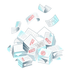 Bureaucracy concept. Paper documents, paperwork background. Administrative overload. Large pile of paperwork with stamps like accept, reject, approve, consider. Flat vector illustration.