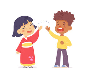 Happy kids giving a high five. Smiling girl and boy celebrating together. Friendship and teamwork concept. Cute flat vector illustration isolated on white background.
