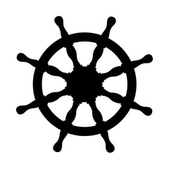 Black silhouette of ship wheel with classic maritime design. Classic helm for steering sailing vessels. Navigation, adventure and pirate icon. Flat vector illustration isolated on transparent.