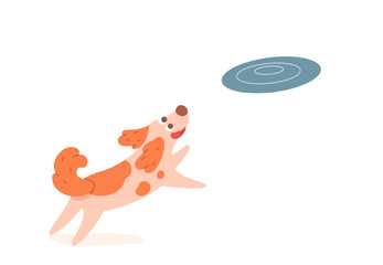 Dog playing with flying plate. Happy cute ginger puppy jumping to catch flying disc on white background. Fun pet activity. Playful animal. Cartoon vector illustration.