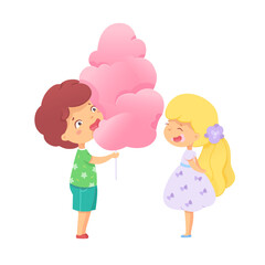 Brightly colored cotton candy brings delight as a boy offers a fluffy treat to a girl. Their faces light up with joy, capturing a carefree moment during a vibrant summer fair.