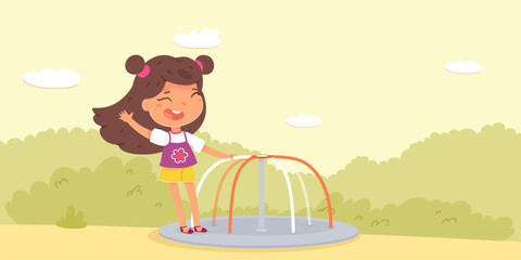 Girl playing in park. Kids at playground. Outdoor summer activities in backyard. Cartoon vector illustration.