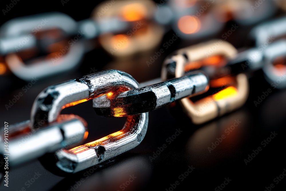 Poster close-up view of interlocking links with glowing highlights showcasing industrial design at night