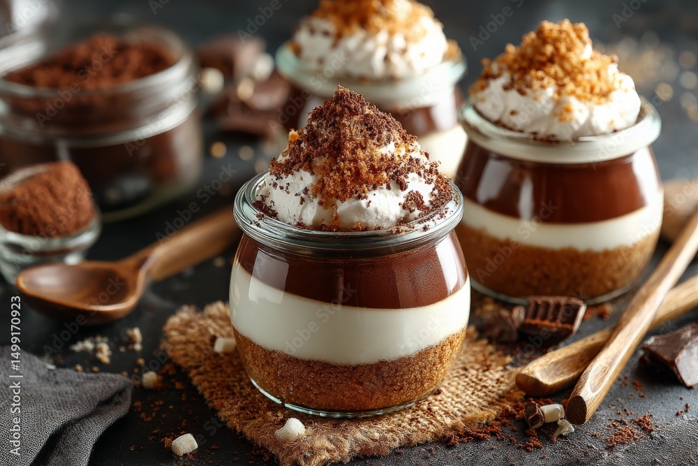 Poster delightful layered dessert jars featuring chocolate, cream, and cookie crust on a rustic table