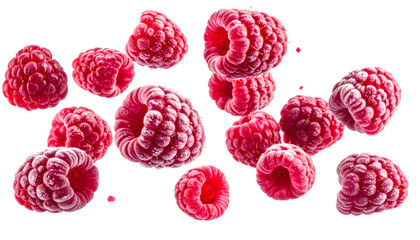 Freeze dried raspberries floating on transparent background