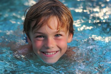Cheerful young boy’s amusing swim portrait smile  
