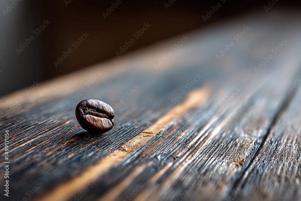 Aufkleber Single coffee bean resting on a rustic wooden surface highlighting texture and simplicity