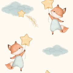 Baby fox with a star balloon. Cute cartoon character for nursery decor and bedtime prints. Soft pastel digital drawing © Karina Martirosova