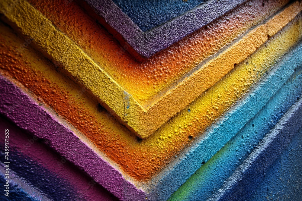 Poster Vibrant multicolored abstract wall art showcasing bold patterns in a lively urban setting