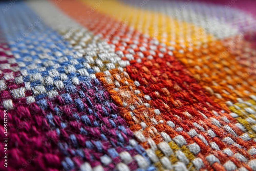 Poster colorful woven textile featuring intricate patterns and textures in warm and cool tones during natur