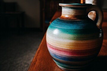Colorful ceramic jug on wooden table showcasing craftsmanship in a cozy indoor setting
