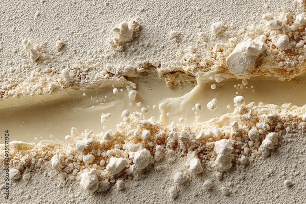 Poster texture of cream filling and dry ingredients on a surface with a rich contrast at close range