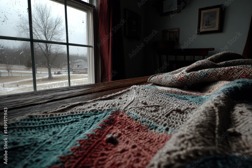 Poster cozy indoor setting featuring a colorful blanket on a wooden table with a rainy view outside a windo