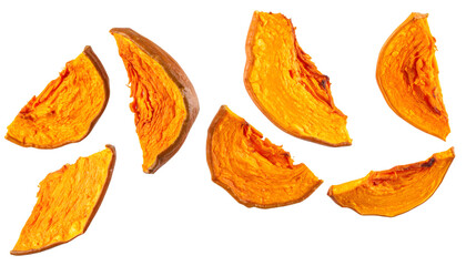 Dried pumpkin slices falling on transparent background