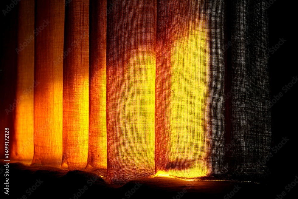 Poster Light filters through colorful curtains creating a warm, inviting atmosphere in a cozy room during sunset