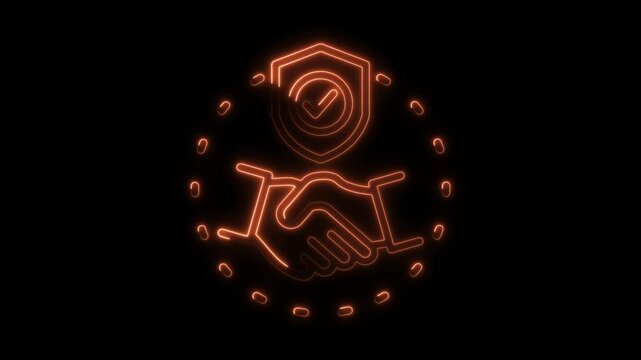 Secure partnership agreement glowing handshake under protective shield in digital neon orange light