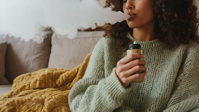 Young woman exhaling vapor while relaxing on cozy couch in soft sweater, surrounded by warm home textures, perfect for modern lifestyle ads, vaping awareness content, or relaxation-themed videos with 