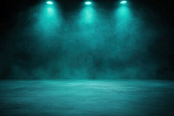 Empty teal stage lit by spotlights