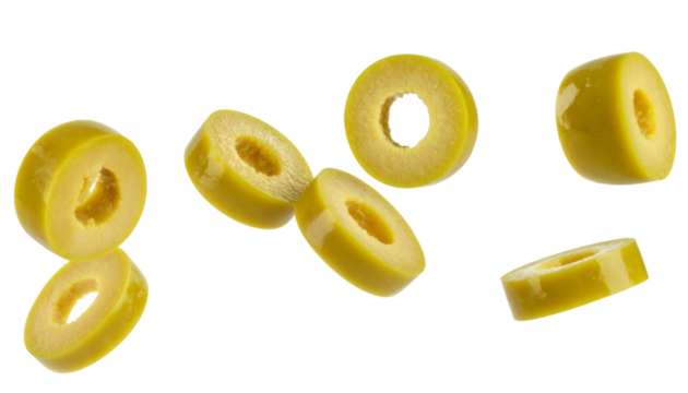 Sliced Yellow Olives Floating on Transparent Background