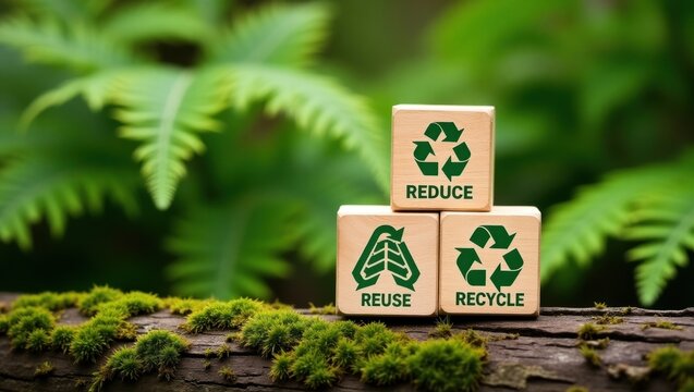 Wooden blocks with reduce, reuse, and recycle symbols on a mossy log.