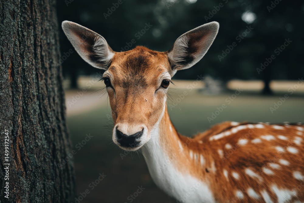 Poster Close encounter with a curious deer in a tranquil forest setting during daylight hours