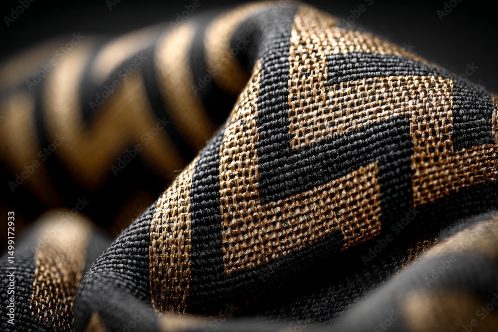 Poster close-up of textured fabric showcasing intricate patterns in black and gold tones with detailed weav