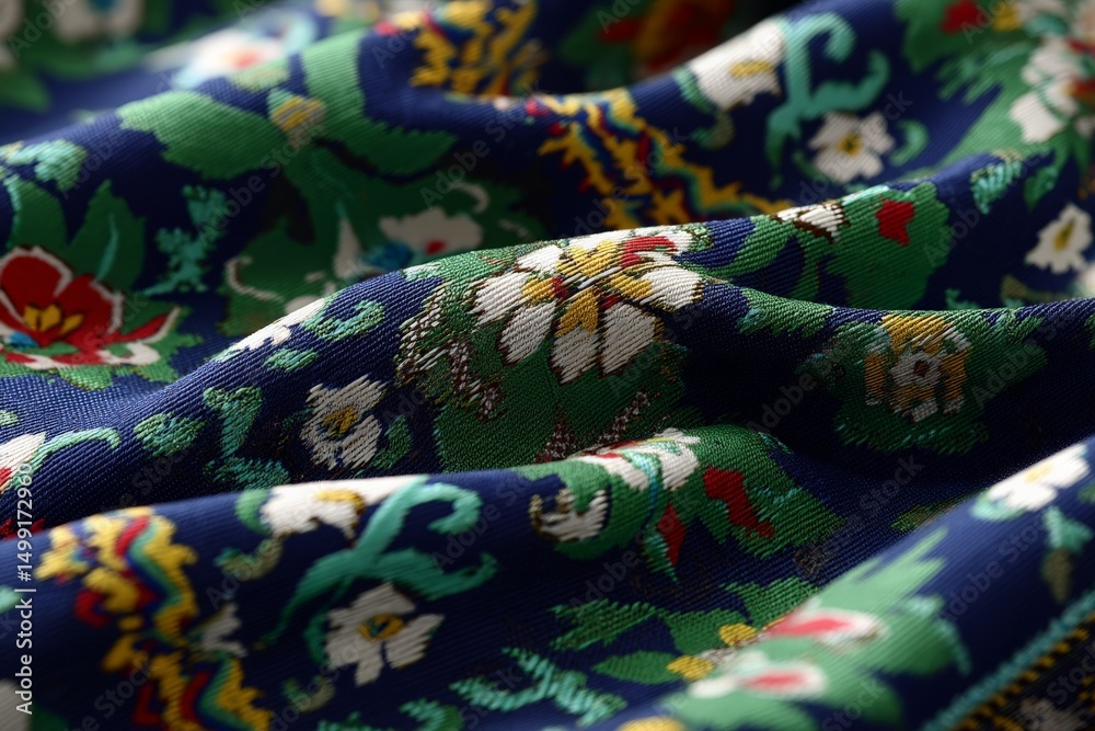 Poster colorful floral fabric draping softly, showcasing intricate patterns and vibrant hues in close-up de