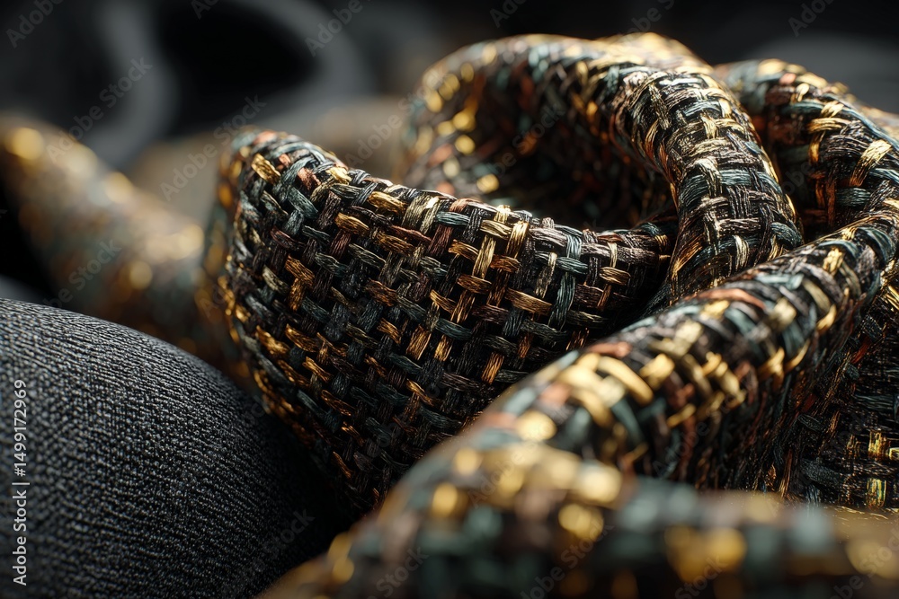 Poster intricate woven fabric showcasing golden and dark threads with texture and depth in textile artistry