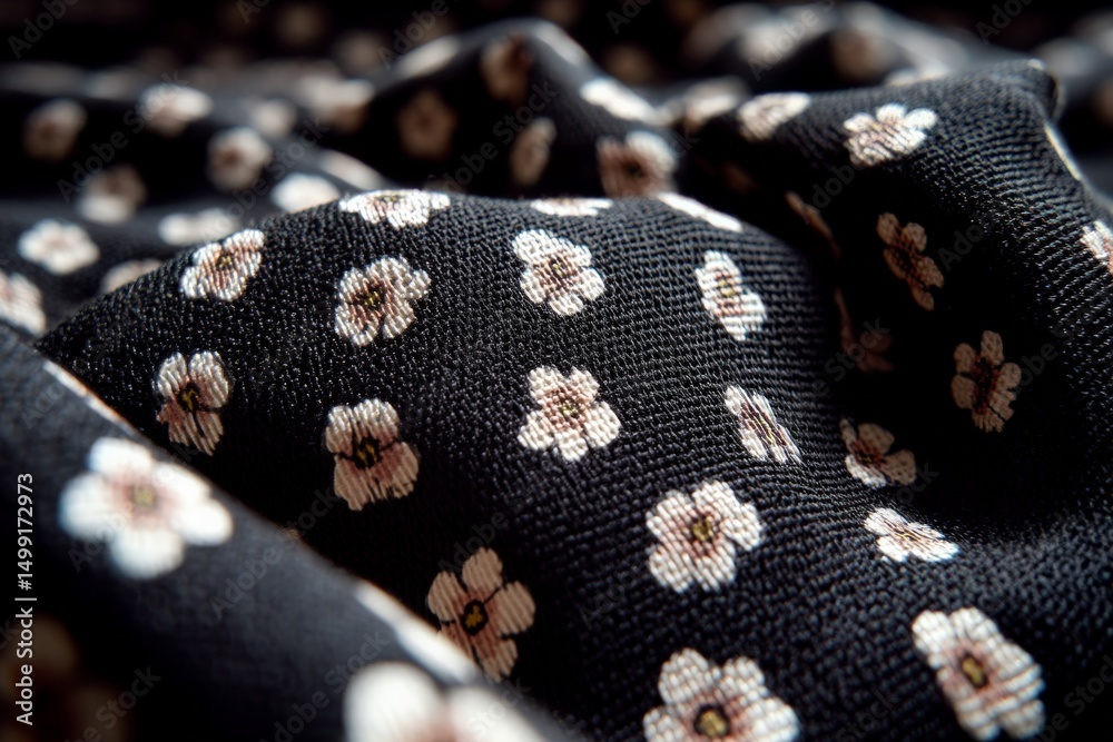 Poster Close-up view of a textured black fabric with delicate floral patterns created through intricate weaving techniques