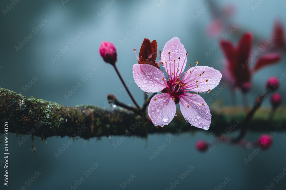 Aufkleber delicate cherry blossom with raindrops on a branch in a serene forest setting during early spring
