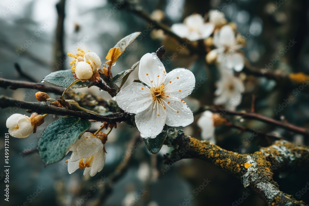Aufkleber delicate white blossoms emerge on branches covered in dew in a serene forest setting during early sp