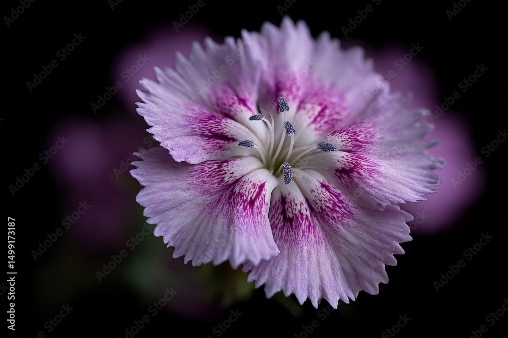 Poster beautiful close-up of a delicate pink and white flower showing intricate details in a dark backgroun