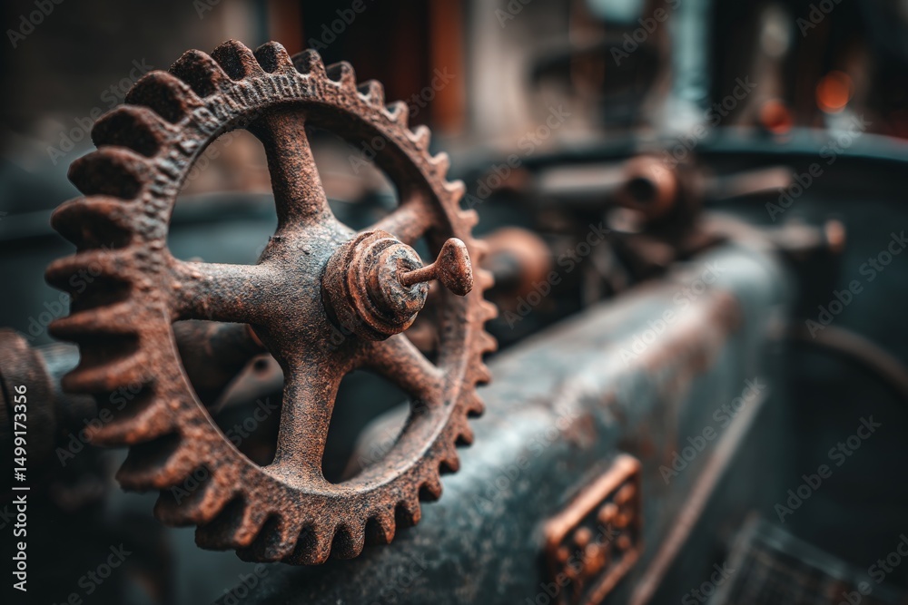 Poster rusty gear mechanism captured in an old workshop highlights vintage engineering from the early 20th 