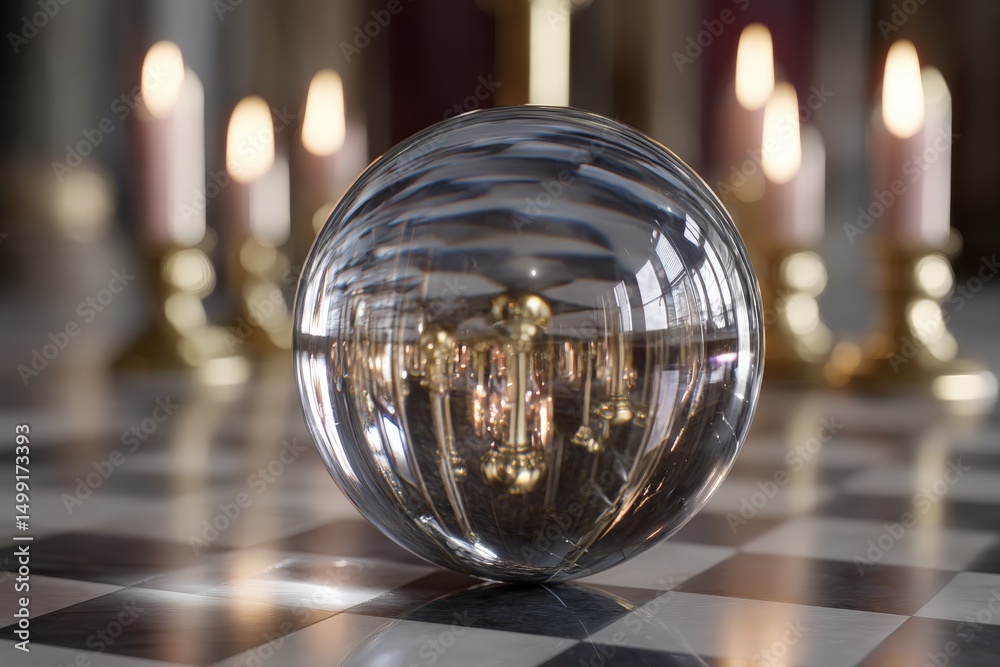 Aufkleber light reflecting through a glass sphere on a checkered floor with candles in the background during e