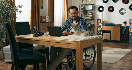 A bearded male wheelchair user works remotely, gently petting a small dog resting on the table beside his computer, smiling while enjoying companionship and focus at home.