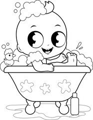 Naklejka premium Baby in a bathtub taking a bubble bath. A cute baby boy in a tub taking a bubble bath and playing with his rubber duck toy. Vector illustration