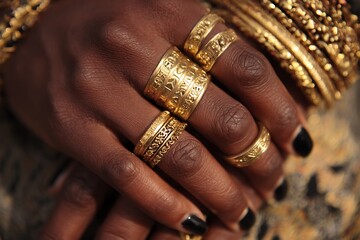 Radiant black woman’s hands with gold jewelry  

