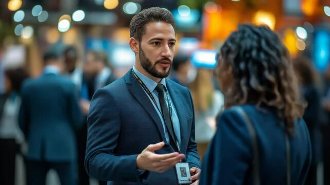 Young professionals networking at business event with warm ambient lights and shallow depth of field, corporate video with blue and amber tones for conference coverage, business promos, or industry pr