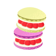 Strawberry macarons. Dessert with strawberries and cream. Flat vector illustration. textured style, isolated on white background, stylized dessert art.