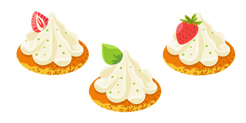 Dessert with cream. Canape with sweet cream decorated with fruit, strawberry, raspberry, mint. Flat vector illustration. textured style, isolated on white background, stylized dessert art.
