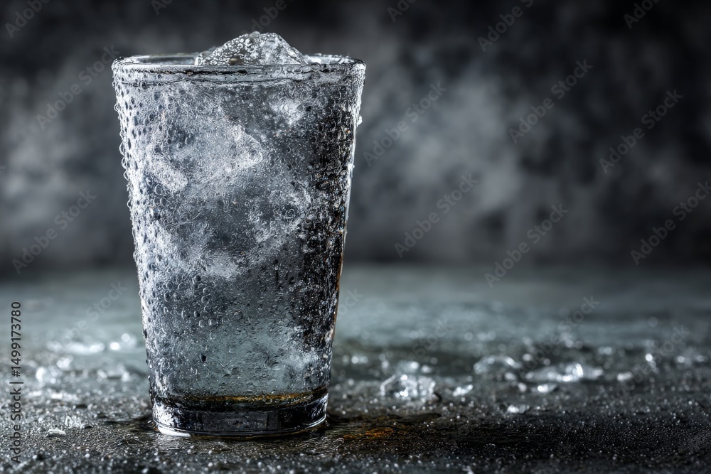 Aufkleber Refreshing glass filled with ice and sparkling water placed on a textured surface in a dimly lit setting