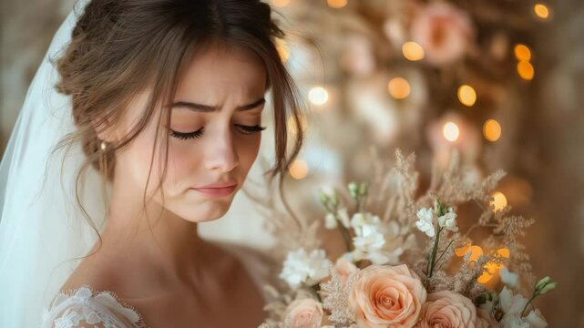 Sad emotional young bride holding wedding bouquet with warm pastel floral tones and soft background bokeh, cinematic wedding video for storytelling content, love dramas, or wedding film intros with ce