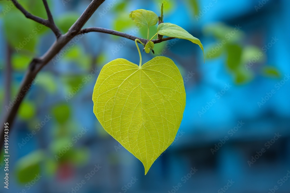 Aufkleber fresh green leaf hanging from a branch against a blurred blue background in urban setting during day
