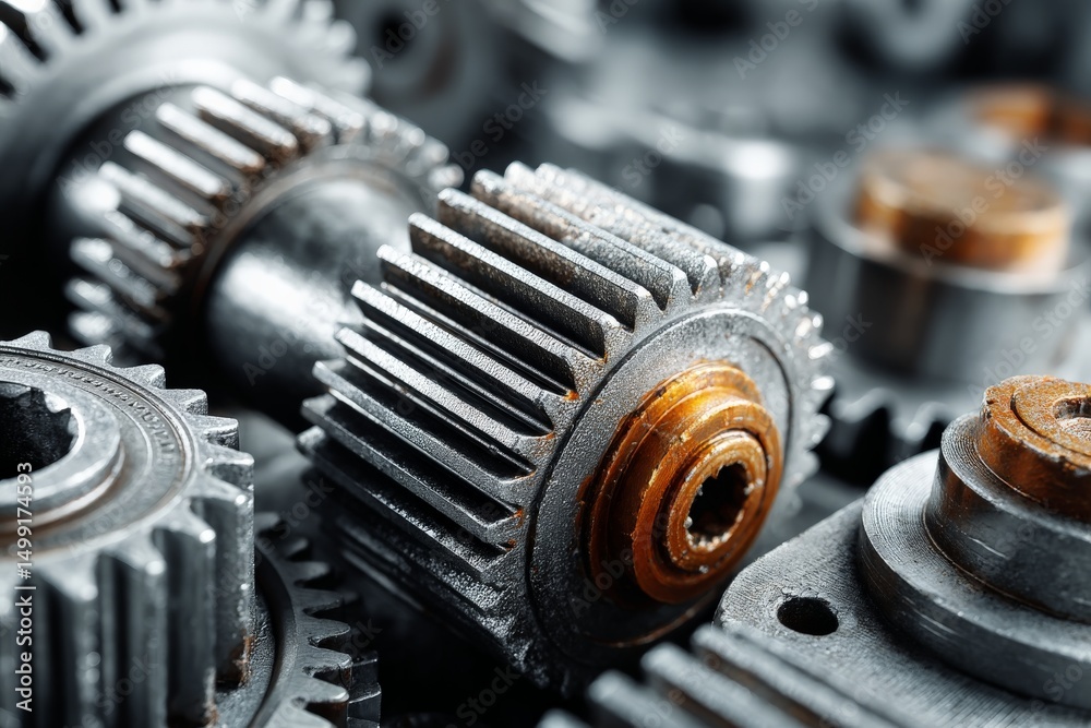 Poster detailed view of industrial gears showcasing intricate designs and textures in a workshop setting