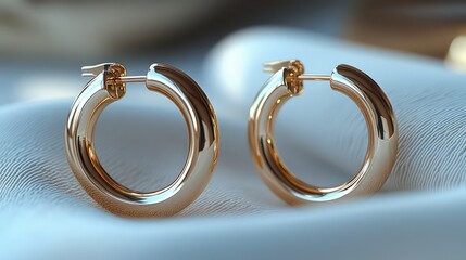 Gold hoop earrings on plush fabric, polished and elegant, radiating timeless sophistication.

