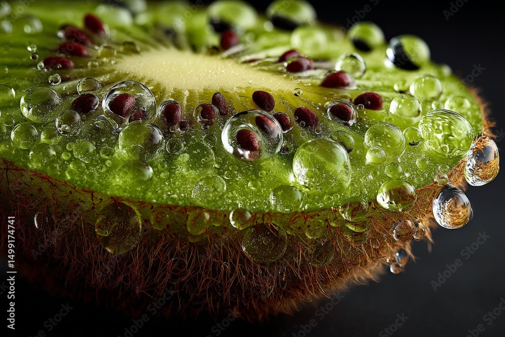 Poster Close-up view of kiwi slice with bubbles on a dark background highlighting texture and color