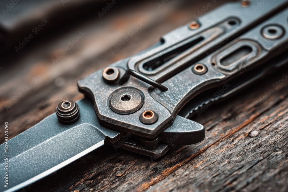 Aufkleber Close-up view of a tactical folding knife resting on weathered wooden surface with intricate details and textures visible