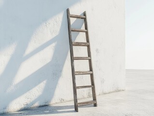 Weathered wooden ladder leans against a stark white wall, casting a long shadow on the sunlit surface. Minimalist setting