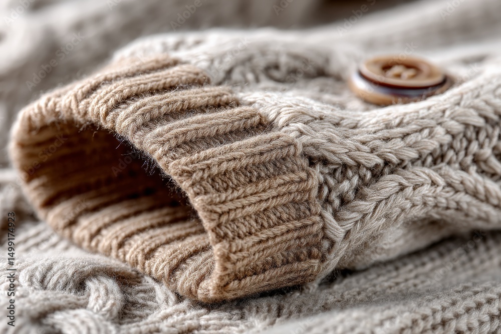 Aufkleber detailed close-up of a woven sweater showcasing intricate patterns and a wooden button during fall s