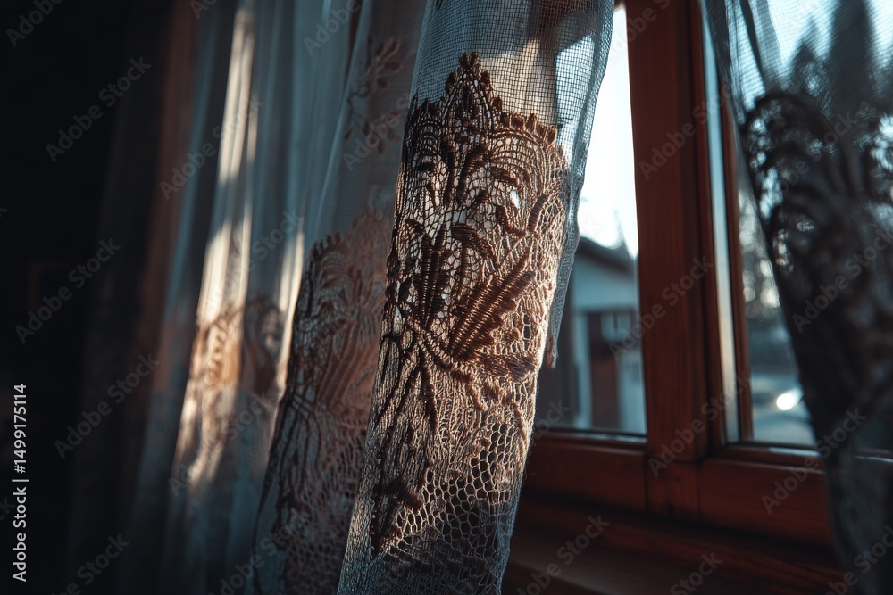 Aufkleber soft sunlight filters through lace curtains in a cozy room creating warm, inviting patterns on woode